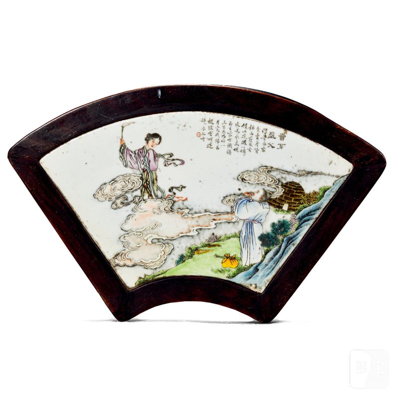 清光绪 粉彩卖身葬父扇形瓷板案桌